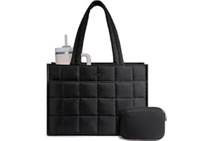 LOVEVOOK Tote Bag for Women, Puffer Work Handbag 15.6 Inch Laptop Purse for Nurse Teacher, Large Quilted Travel Tote Shoulder Bag with Zipper for College Office Clinical Gym, Black