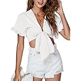 LYANER Women's Deep V Neck Tie Front Knot Ruffle Short Sleeve Crop Top Club Blouse
