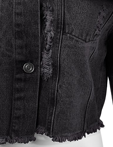 DRESSIS Womens Vintage Button Down Destroyed Cropped Denim Jacket Black M - Thumbnail 4