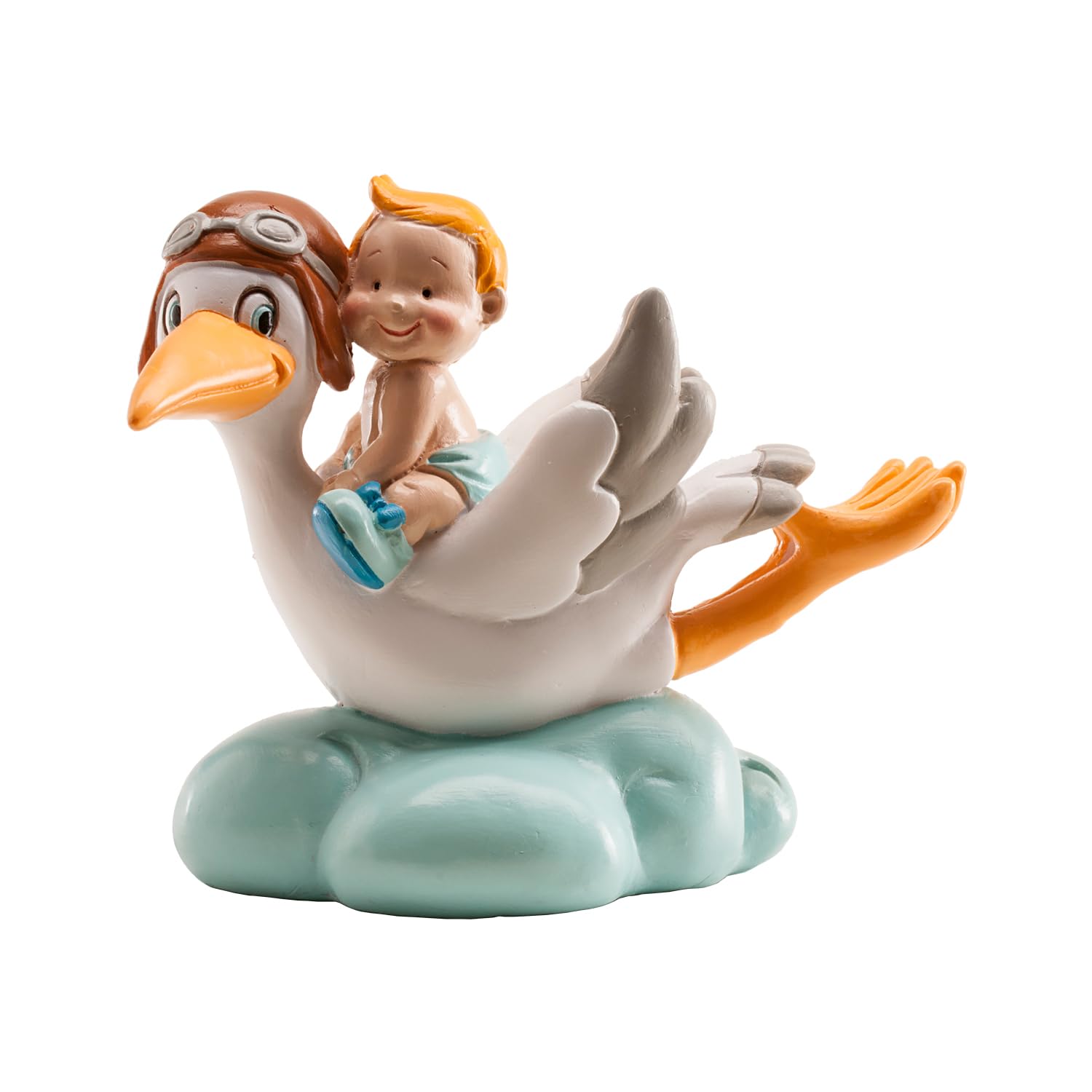 dekora - Christening Cake Topper, Cake decoration baby boy with blue flying stork for Christening & Baby Shower - 10 cm