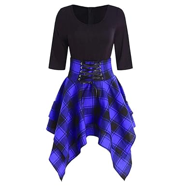 WWricotta Fashion Women Casual O-Neck Lace Up Tartan Plaid Print Asymmetrical Mini Dress