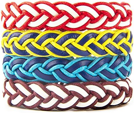 Handmade Braided Leather Colorful Bracelets Adjustable (4 Pc set (Red, Yellow, Blue, Purple))
