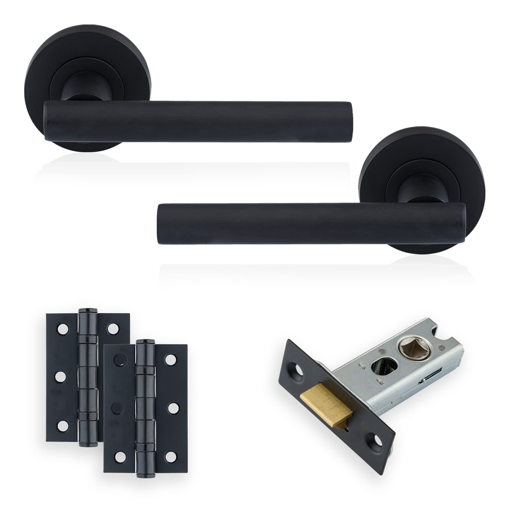XFORT Matt Black Liberty Lever On Rose Latch Pack, Complete Set with T-Bar Door Handles, 65mm Tubular Latch and 75mm Ball Bearing Hinges, Door Handle Set for Home and Office. — image 1