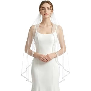 Albrice Pearl Wedding Veil 1 Tier Fingertip Length with Comb (Off White) | 39 Inches，Bridal Veil fou any Women and Girl