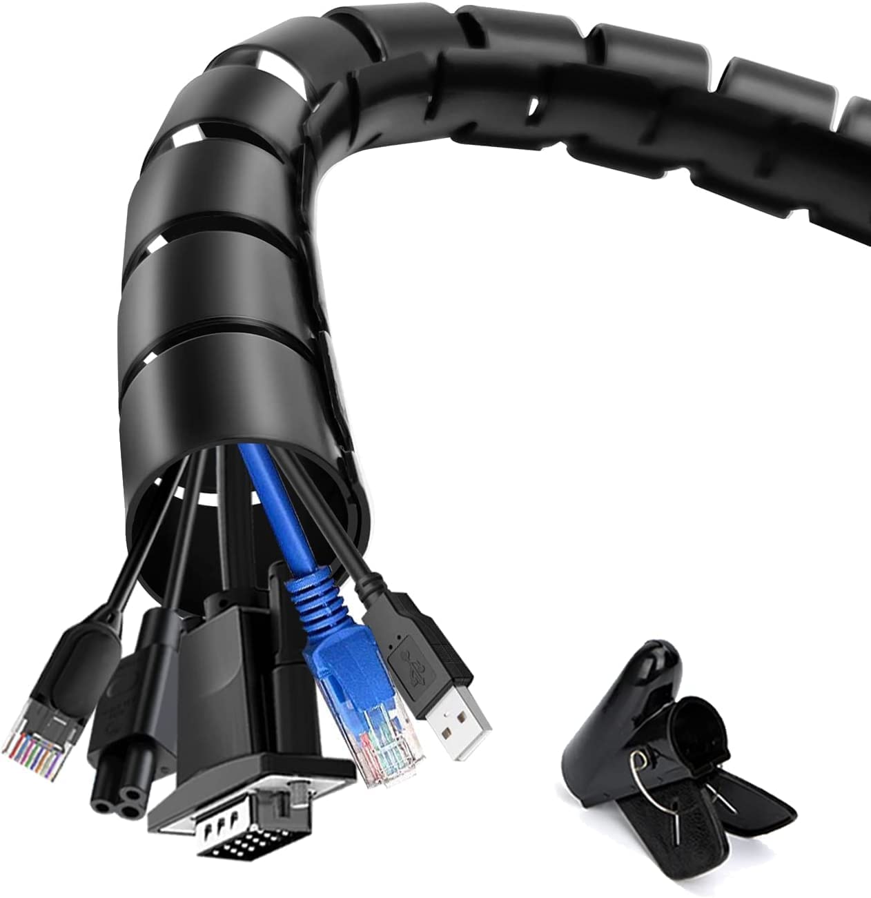 Cable Tidy Cable Management Sleeve, shinfly 6m/19.7ft Wire Tidy Sleeve with a Wire Guide Clip, ∅0.87"+∅1.1"/22mm+28mm Cable Tidy Tube Wire Organizer for TV PC Home, Black