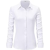 ONKEEP Dress Shirts for Women Long Sleeve Button Down Shirt Stretch Wrinkle Free Solid Casual Work Office Blouse Top