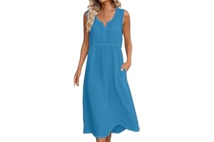 Frostluinai Womens Cotton Linen Midi Dresses Sleeveless Crewneck Empire Waist Loose Comfy Beach Casual Sundress