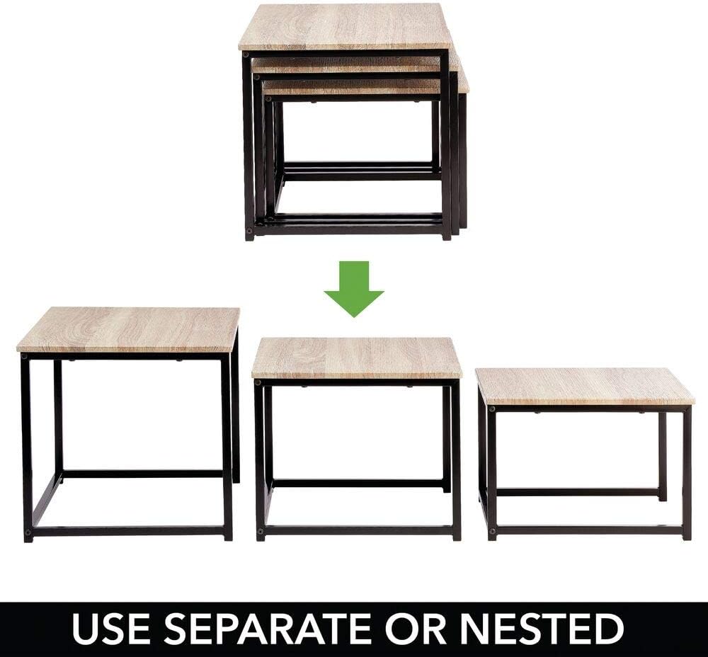mDesign Modern Farmhouse Nesting Side/End Table - Metal Wood Design - Sturdy Vintage, Rustic, Industrial Home Decor Accent Furniture for Living Room, Bedroom - Set of 3 - Natural/Black: Home & Kitchen