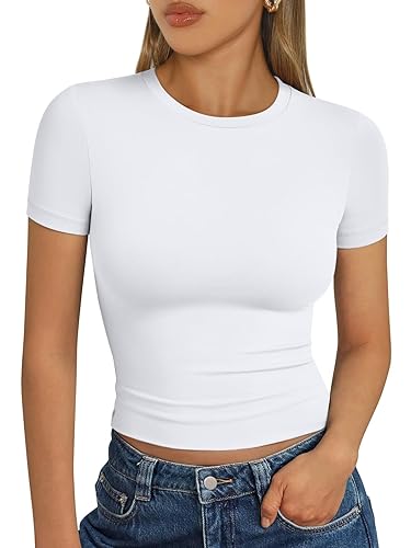 Trendy Queen Womens Short Sleeve T Shirts - Buttery Soft Summer Crop Tops Slim Fit Y2k Basic Tees for Workout