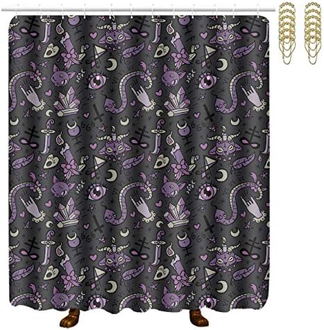 SWEET TANG Purple Black Goth Spooky Shower Curtain Liner with Gold Hooks - Mildew Resistant Waterproof Polyester Fabric Bathroom Decor - 60x72