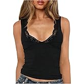 Milumia Women's Lace Trim V Neck Tank Top Y2K Sexy Sleeveless Fitted Going Out Crop Top