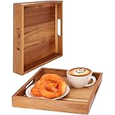 Geytetqi 2 PCS Acacia Wood Serving Tray with Handles - 10 Inch Square Wooden Tray with Handles, Ideal as Breakfast, Coffee Table, Decorative, Serving (1.6 Inch Thickness)
