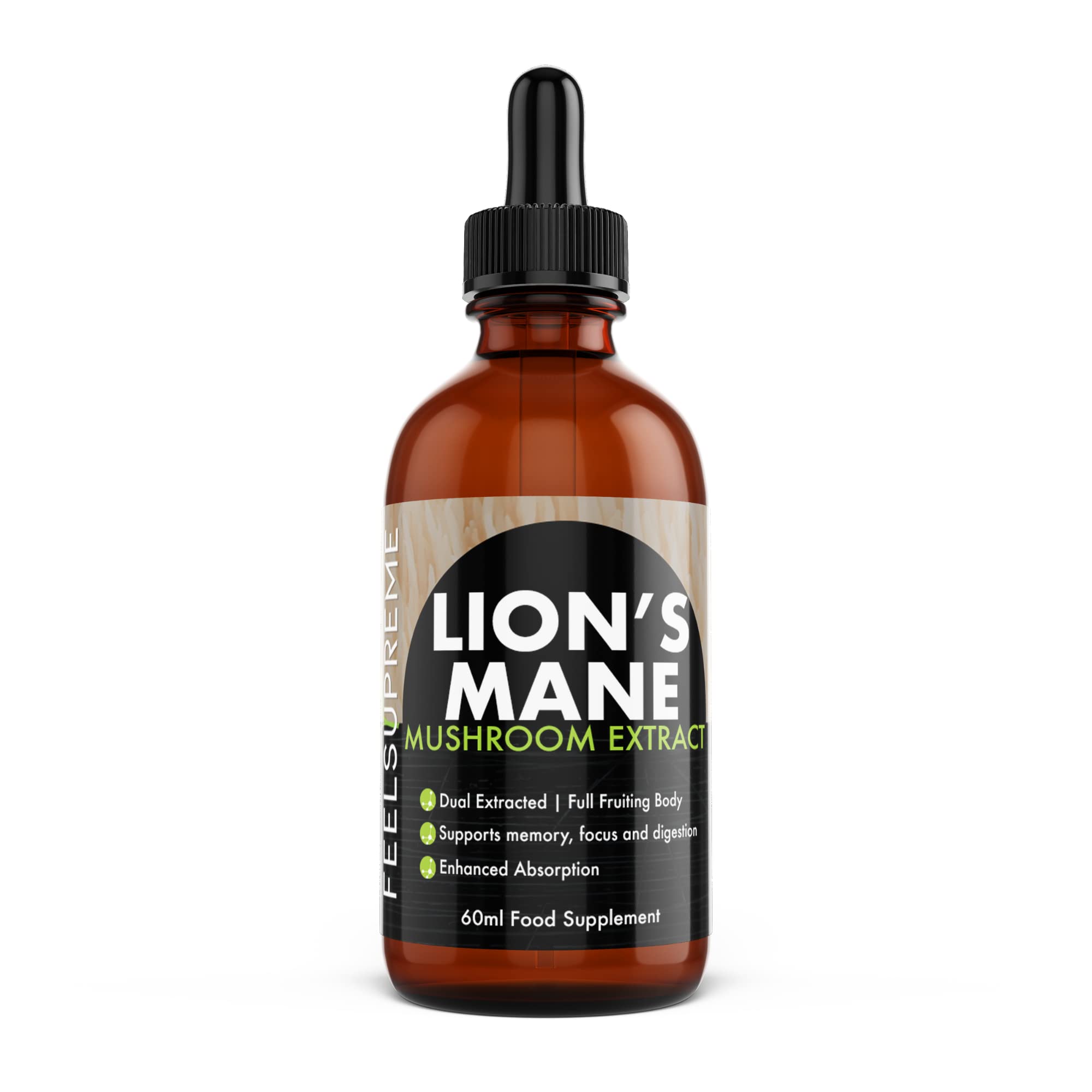 Feel Supreme - Lions Mane Supplement High Strength Mushroom Extract - Liquid Drops, 10:1 - Whole Fruiting Body - Brain Booster Supplements, Mushroom Supplement, Lions Mane Drops - 60ml