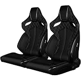 BRAUM ORUE Series Racing Seats &ndash; Black Leatherette with White Stitching &amp; Piping &ndash; Reclining Bucket Seats with Carbon Fiber Backing &ndash; Set of 2 (BRR6-BDWS)