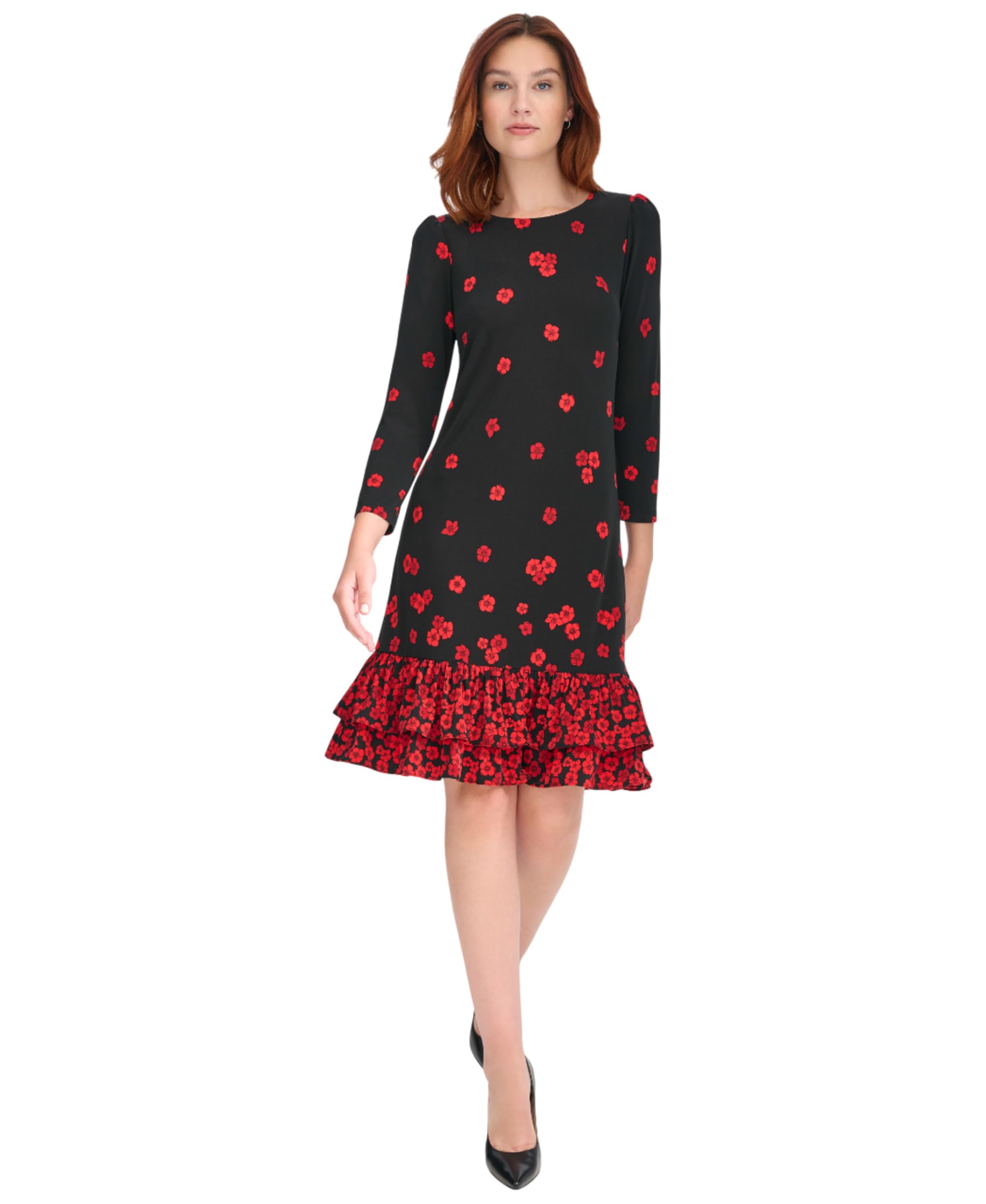 Tommy Hilfiger Women’s 3/4 Sleeve Crew Neck Double Ruffle Hem Jersey Shift Mini Dress, Black/Scarlet, 12
