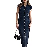 FairBeauty Women’s Casual V Neck Bodycon Ruched Decorative Button Elegant Cap Sleeve Long Dress