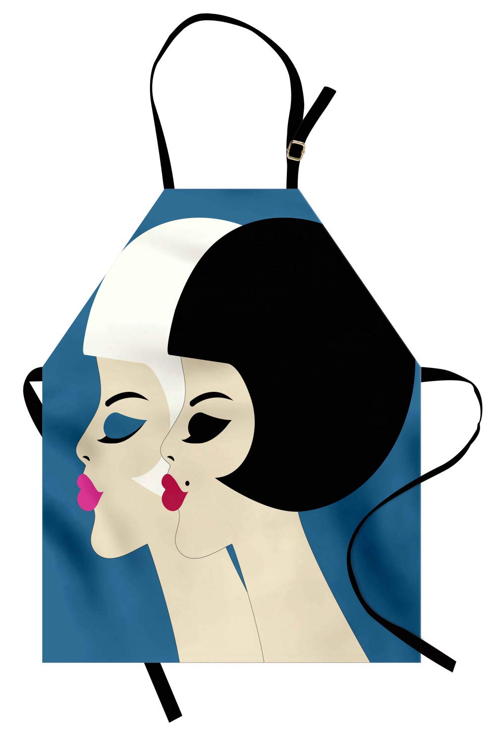 ABAKUHAUS Hair Salon Apron, Retro Style Brunette and Blonde Women with Bob Haircut and Neat Make up Image, Unisex Kitchen Apron with Adjustable Neck for Cooking Baking Gardening, Multicolor