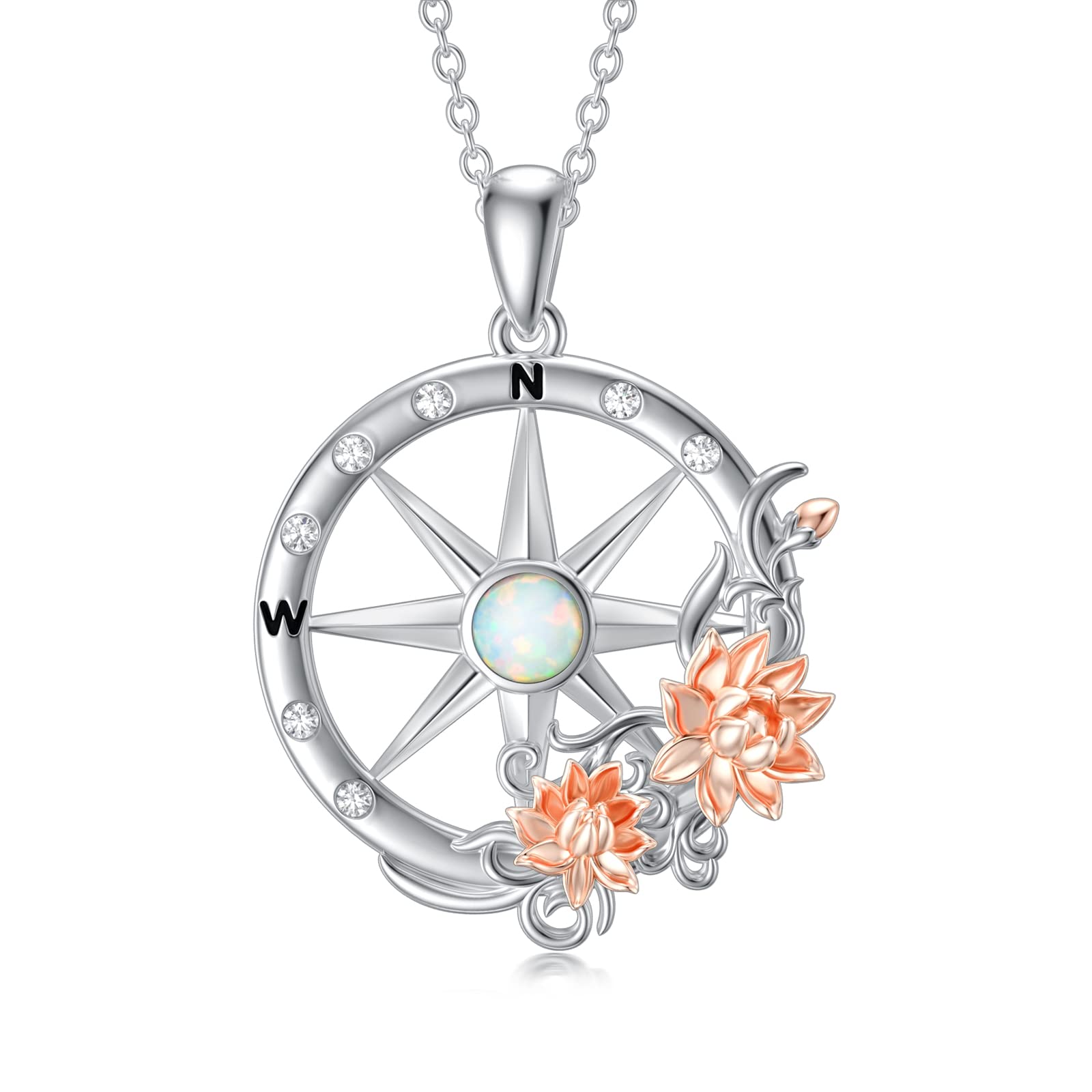 enjoylifecreative Compass Necklace with Lotus Flower 925 Sterling Silver Opal Inspirational Nautical Travel Compass Graduation Pendant Jewelry Gifts for Women friends