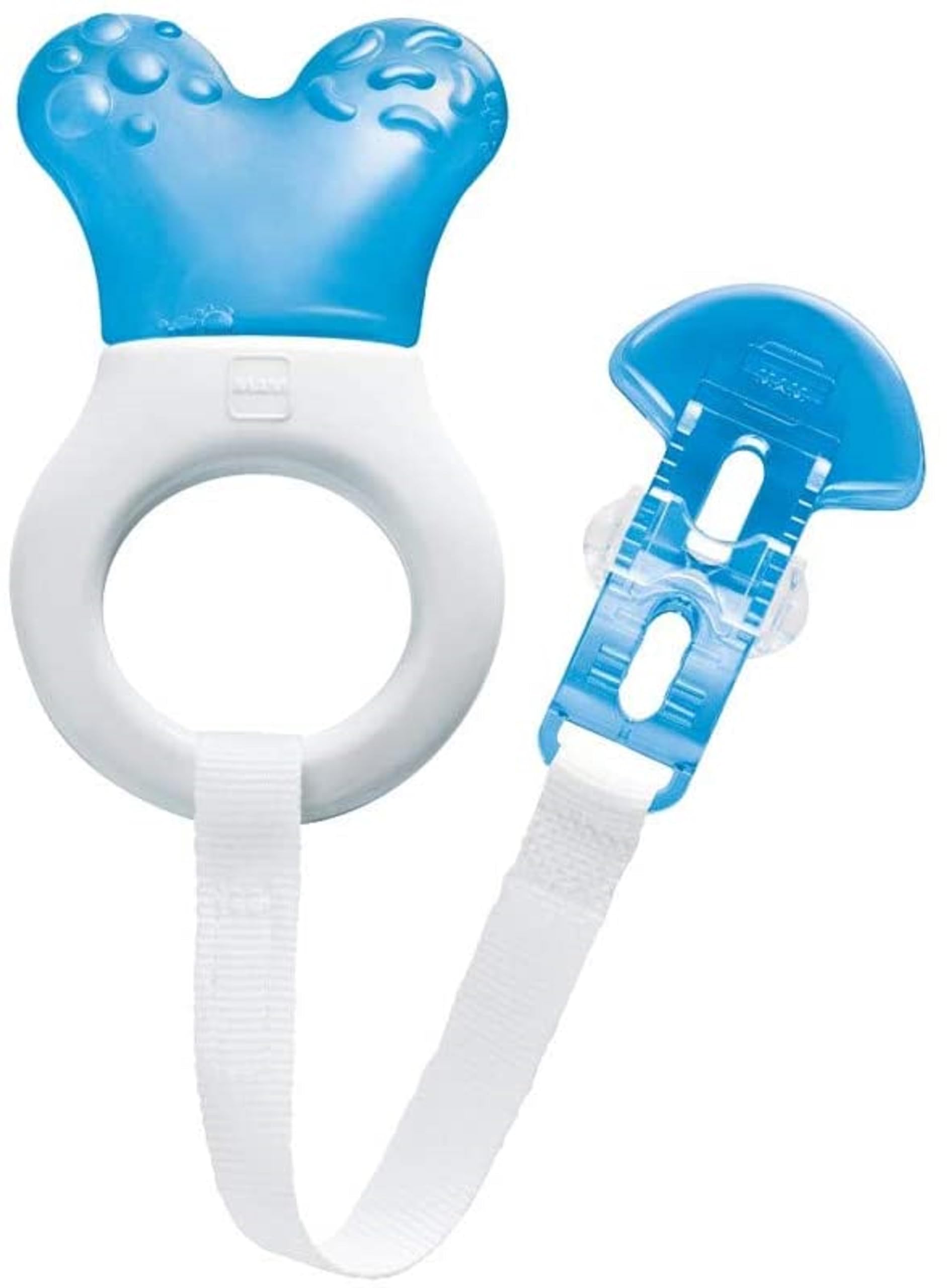 MAM Mini Cooler & Clip | Teething Toy with Water-Filled Cooling Element | Suitable from Birth to 3 Years | Relief for Painful and Sensitive Gums | Easy-to-Hold Handle | Blue