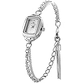 Womens Dainty Silver Gold Silver Rectangle Pearl Dial Tassel Chain Ultra Thin Waterproof Quartz Watch Ladies Dress Casual Elegant Analog Wristwatch Bracelet
