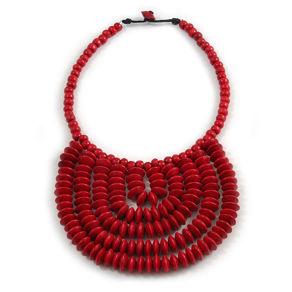 Avalaya Statement Cherry Red Wood Bead Bib Necklace - 44cm Long/ 10cm Drop