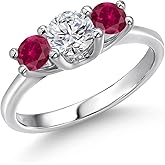 Gem Stone King 14K White Gold White Lab Grown Diamond & Red Created Ruby 3-Stone Engagement Ring | 1.00 Cttw | Round 5MM and 4MM | 3 Stone Wedding Anniversary Promise Ring For Women