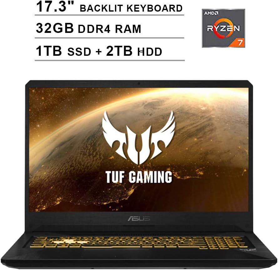 2020 ASUS TUF 17.3 Inch FHD 1080p Gaming Laptop (AMD Ryzen 7 3750H up to 4.0 GHz, 32GB DDR4 RAM, 1TB SSD (Boot) + 2TB HDD, GeForce GTX 1650 4GB, Backlit KB, WiFi, Bluetooth, HDMI, Windows 10)