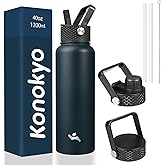 Konokyo 40oz Insulated Water Bottle Stainless Steel Sport Bottles with 3 Lids,Navy Blue