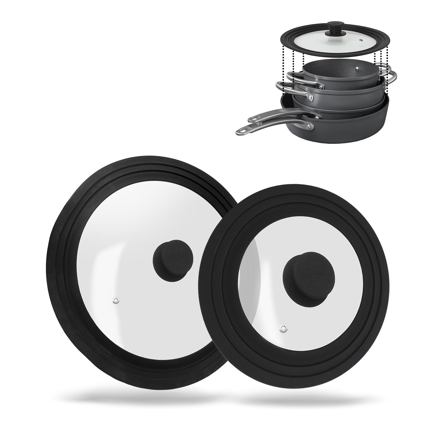 Culinario Set of 2 Universal Lids Glass with Outlet Valve and Silicone Edge Diameter 16/18/20 cm and 24/26/28 cm, Splash Guard