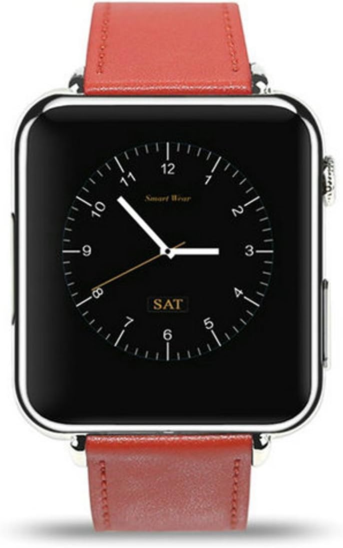 Bluetooth Red Leather Strap Smart Watch SIM Slot Camera Silver Case for Android Phones