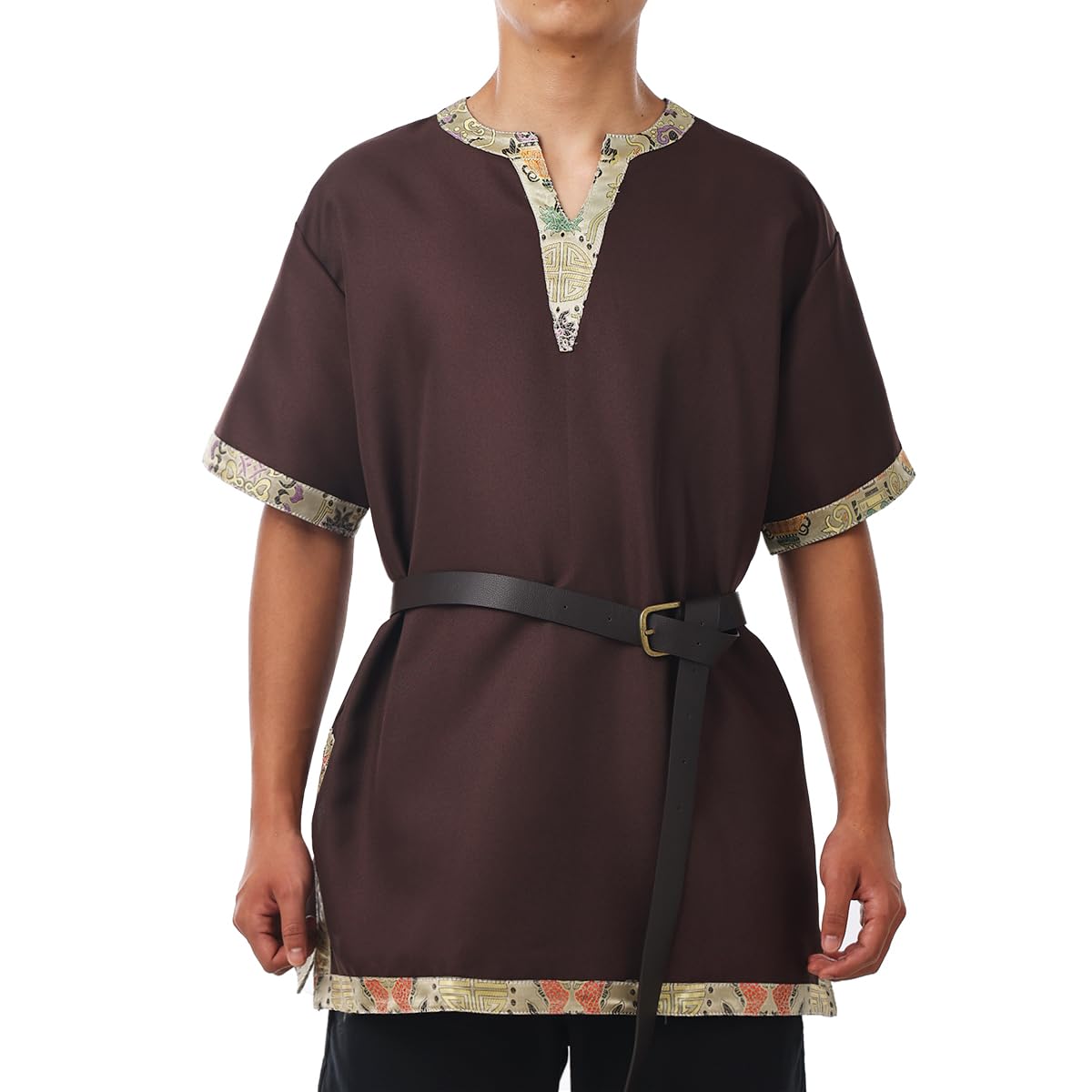 BLESSUME Medieval Viking Tunic with Belt LARP Aristocrat Chevalier Cosplay Costume Brown