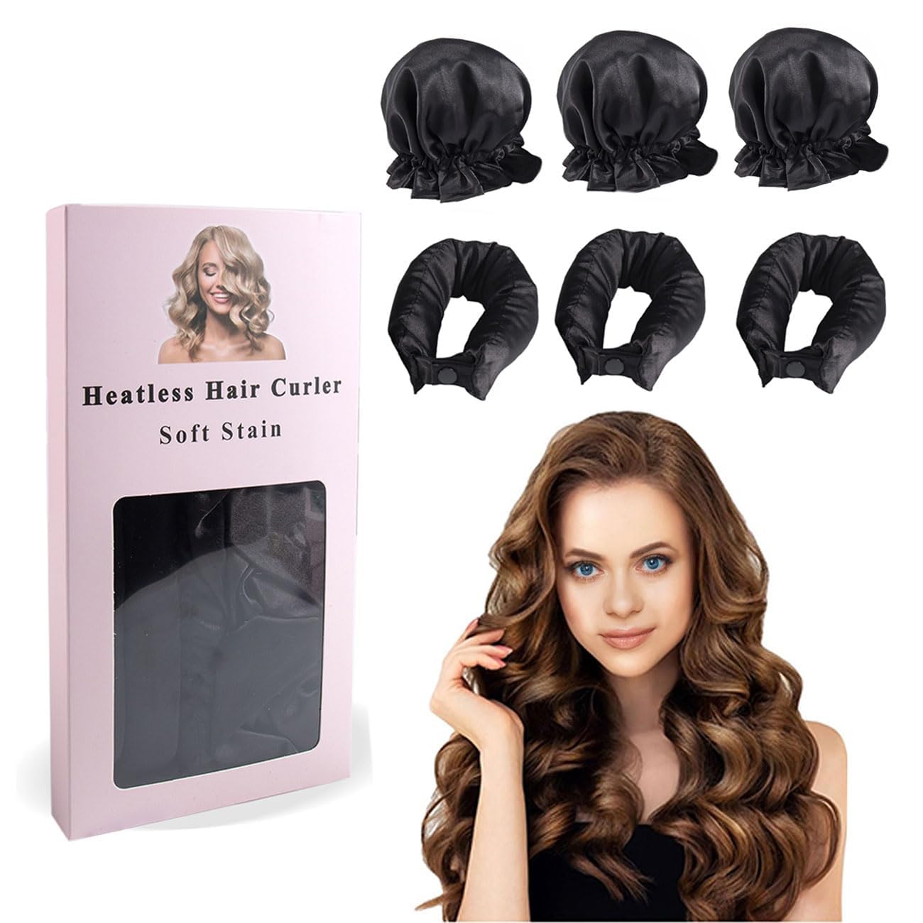 KONFEN Satin Heatless Hair Curler, 3 Pack Heat-free Velvet Curlers Headband for Most Hairs Types, Casual Bedtime DIY Styling Hair Curlers for Zero Heat Bun Bons(Black)