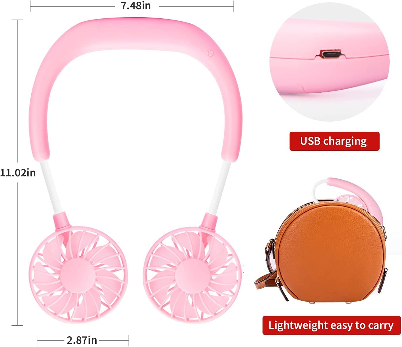 Portable Neck Fan Rechargeable Personal Hand-Free Fan Mini USB Wearable Neckband Sport Fan, 3 Speed Adjustable, 360 Degrees Free Rotation Perfect for Working, Traveling,Office, Reading (Blue Pink)