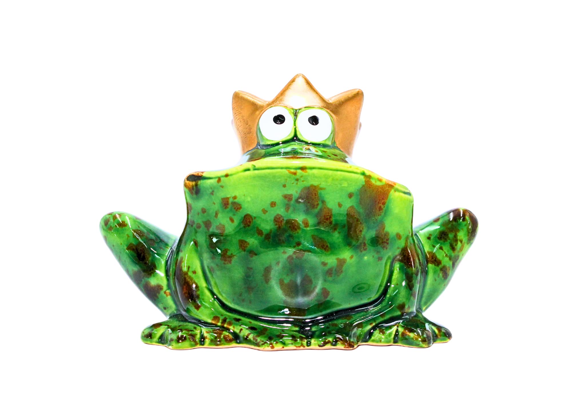 Dekohelden24 Funny Golden Crown Frog King Green Ceramic Frog Home Garden Patio Pond Decoration Length 6 x Width 12 x Height 9 cm