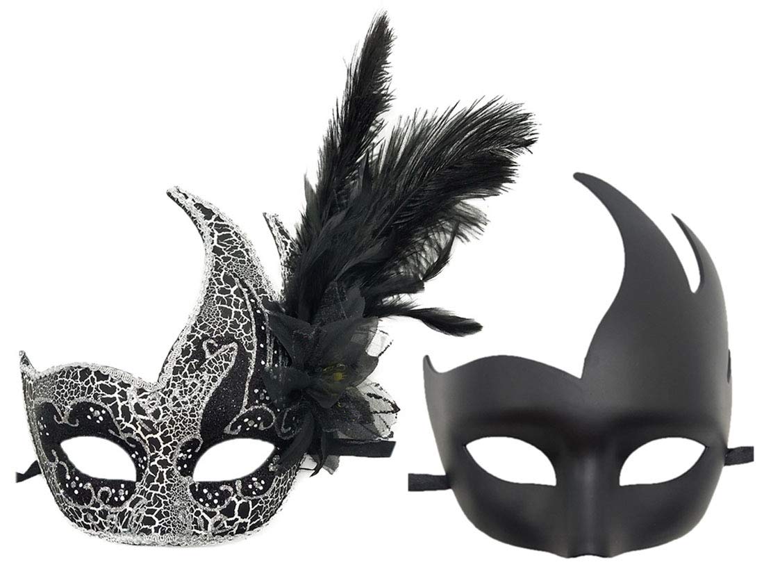 Coolwife Couple Feather Mask Masquerade Halloween Mardi Gras Cosplay Party Costume Masks (Couple Cracked Black)