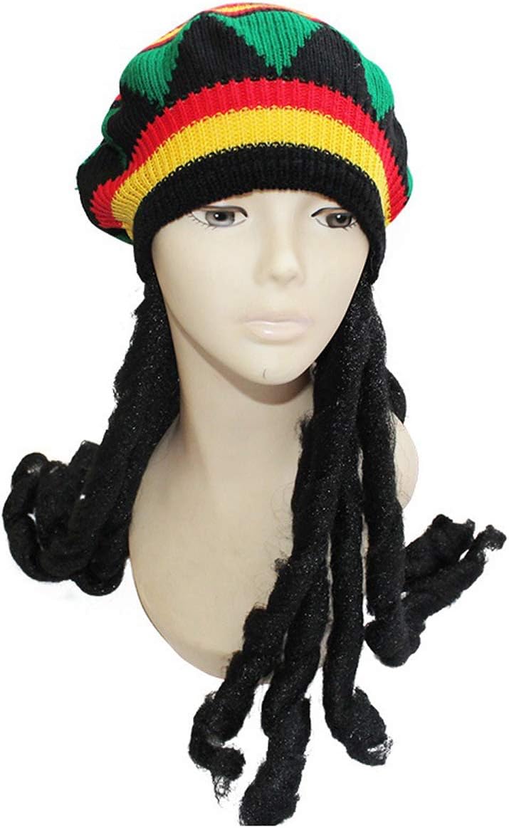 TECHSON Rasta Hat, Reggae Knit Slouchy Cap Beanie Hippie Tam with Black Dreadlocks Wig, Jamican Bob Marley Style Costume