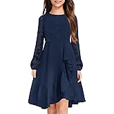 MITILLY Girls Lace Flower Ruffle Dress Long Sleeve Chiffon A Line High Low Junior Bridesmaid Dresses for Wedding Party New