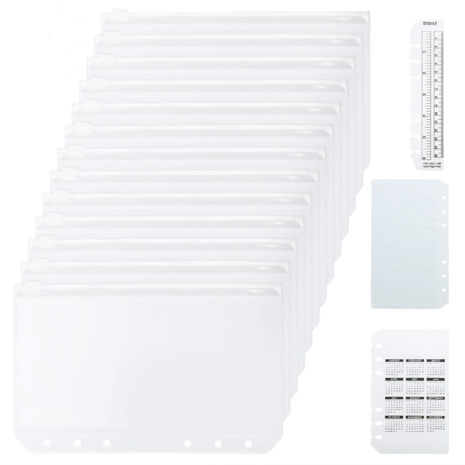 10 Pcs A5 Zip Lock Envelope Fits for 6-Ring Notebook, Binder,Personal Organizer Filofax Clipbook,PVC Waterproof Refill Slider Closure Storage w/ 1Pc Card Pocket,1 Pc Ruler and 2021 Calendar