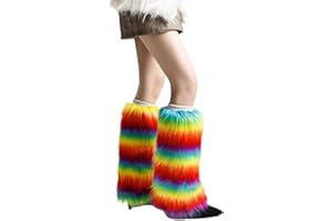 BOGEEL Women Vintage Rainbow Colorful Plush Leg Warmer Fuzzy Thickened Boot Toppers Cuff Furry Leg Cover Long Socks Partywear