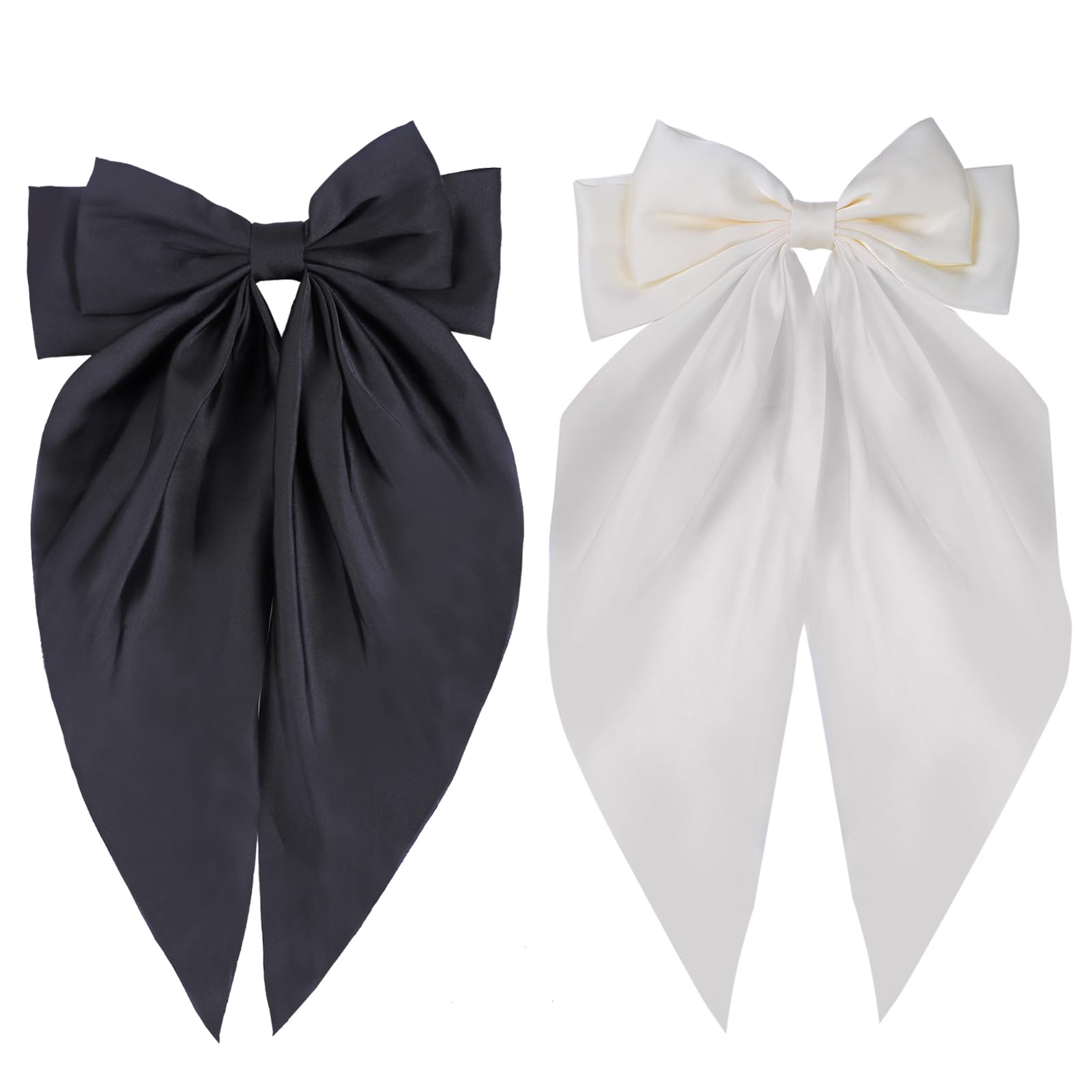 2 PCS Big Bow Hair Clips with Long Silky Satin,Long Tail Hair Barrettes French Soft Ribbon Barrettes Metal Clips Bowknot Aesthetic Hairclips Cute Hair Accessories for Women Girls (Black and White)