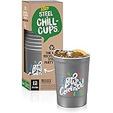 Steel Chill Cups 16 oz. Party Cups 'Let's Celebrate Let's Party' Design for Cold Drinks, Durable, Disposable, Recyclable, Made in USA, Gray, 12 Count