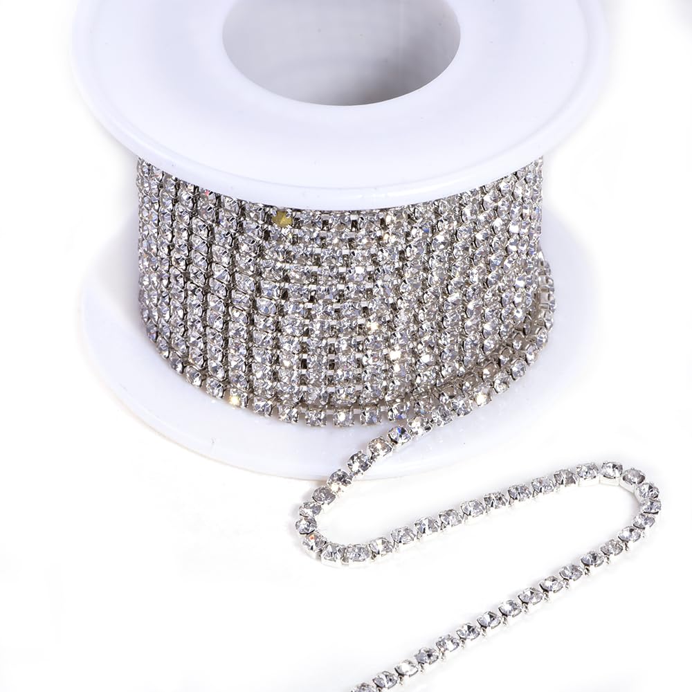 BLINGINBOX Rhinestones Chain 10 Yards SS8/2.5mm Crystal Glass Sew On Rhinestones Cup Chain with Silver Bottom Sew On Trim(SS8,Crystal-Silver Bottom)