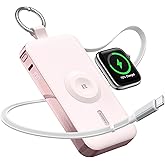 RORRY Portable Charger, 12000mAh 30W Fast Charging Power Bank with Built-in Retractable USB C Cable, Battery Pack with Keychain, Travel Essentials for iPhone, Apple Watch, iPad, Pink