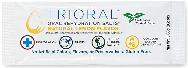 TRIORAL NATURAL LEMON W/ STEVIA ORAL REHYDRATION SALTS (WORLD HEALTH ORGANIZATION NEW FORMULA FOR FOOD POISONING, HANGOVER PREVENTION AND RELIEF, DEHYDRATION FROM DIARRHEA (25 PACKETS/BOX)