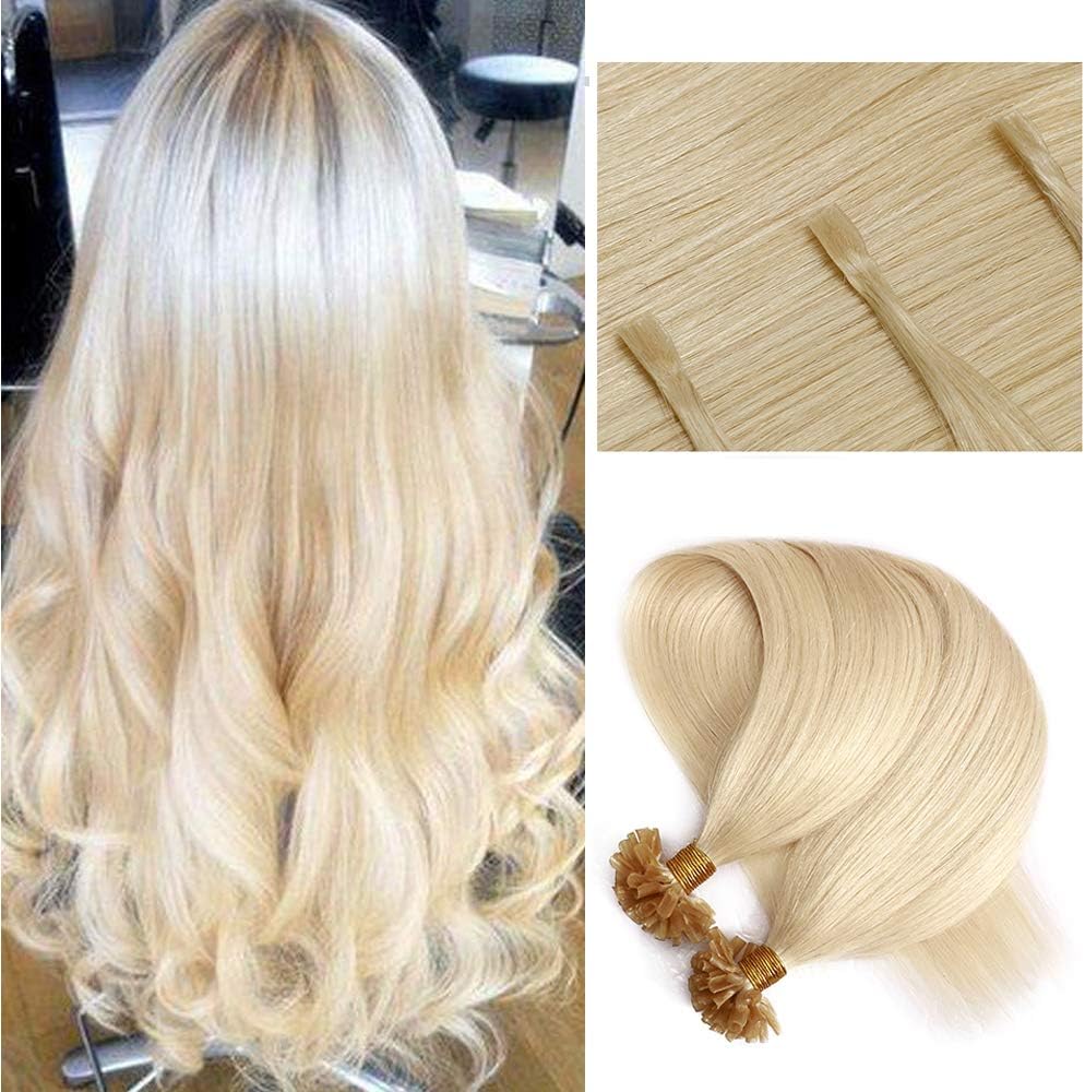 Silk-co U Tip Pre Bonded Hair Extensions Strands Keratin Nail Tip Straight Human Hair Extensions U tip Real Remy Hair 100 Strands Keratin Nail Til 24" #60 Platinum Blonde-100g