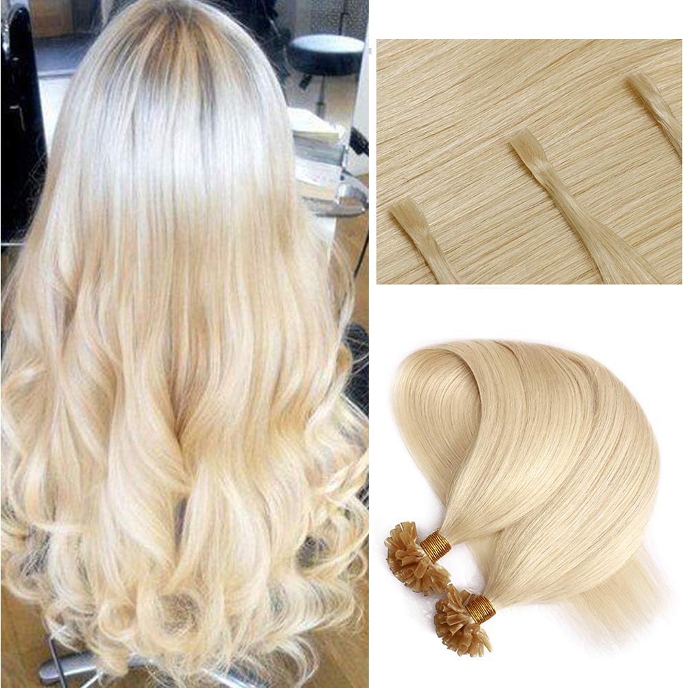 Silk-co U Tip Pre Bonded Hair Extensions Strands Keratin Nail Tip Straight Human Hair Extensions U tip Real Remy Hair 100 Strands Keratin Nail Til 24" #60 Platinum Blonde-100g — image 1