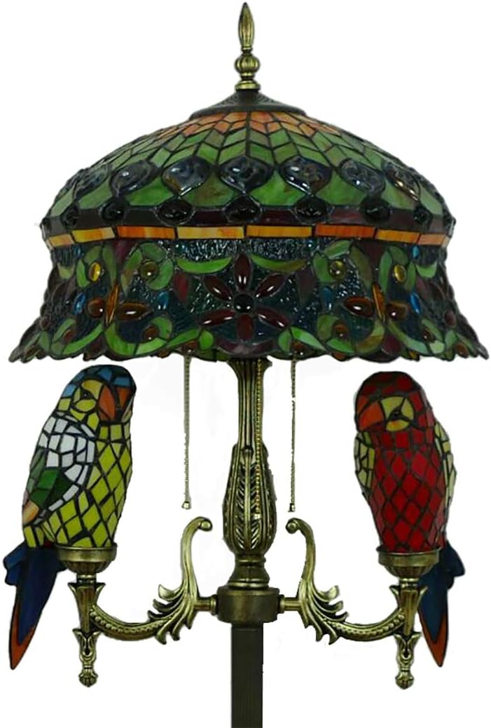 Vintage Peacock Tail Green Stained Glass Shade Standing Floor Lamp