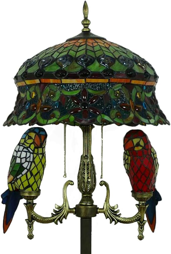 Vintage Peacock Tail Green Stained Glass Shade Standing Floor Lamp