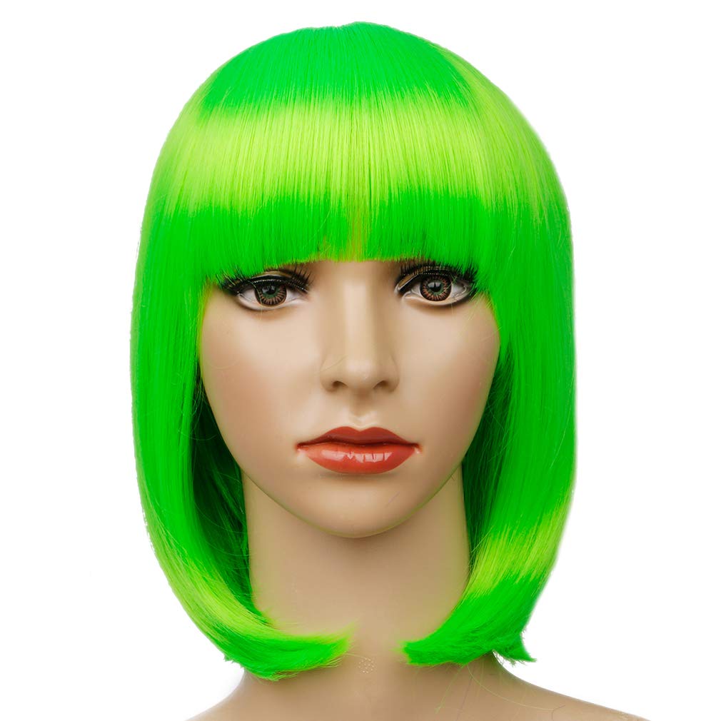 Colorful Bird Neon Green Bob Wig with Bangs Synthetic Short Straight Bob  Wig Cosplay Party Wig for Girls (Fluorescent Green ,12 inches)