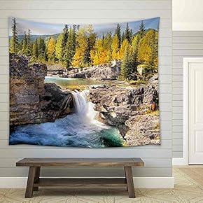 Waterfall in The Kananaskis Region of The Canadian Rockies During Autumn - Fabric Wall Tapestry Home Decor - 51x60 inches